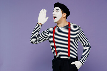 Promoter vivid young mime man with white face mask wear striped shirt beret scream hot news about...