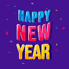 Colorful Happy New Year Font With Confetti Decorated On Purple Background.