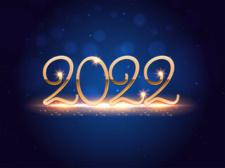 Fototapeta na wymiar Golden 2022 Number With Lighting On Blue Bokeh Background For Happy New Year Concept.