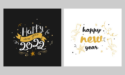 Happy New Year Post Or Template Set In White And Black Color.