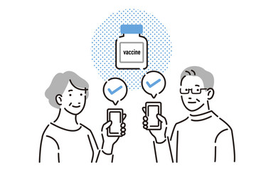 ワクチン接種証明をスマホでするシニアの男女セット