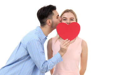 Cute couple with heart isolated on white background