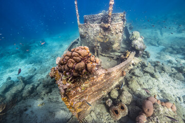 Seascape with Tugboat wreck, various fish, coral, and sponge in the coral reef of the Caribbean...