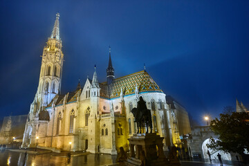 St. Matthias neogothical cathedral illuminated by night in Budapest. Hungary