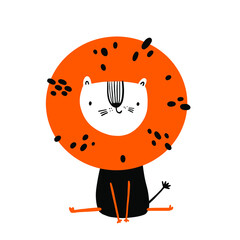 Cute hand drawn cartoon vector orange black smiling lion in Scandinavian style. Nursery poster childish print.
