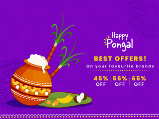 Happy Pongal Sale Poster Design With Traditional Dish (Rice) In Mud Pot, Sugarcane And Fruit Over Banana Leaf On Purple Swirl Pattern Background.