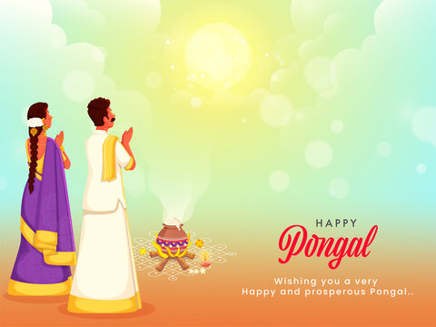 Happy Pongal Celebration Background With South Indian Couple Doing Deity Surya Worship And Traditional Dish (Rice) Cooking At Bonfire.