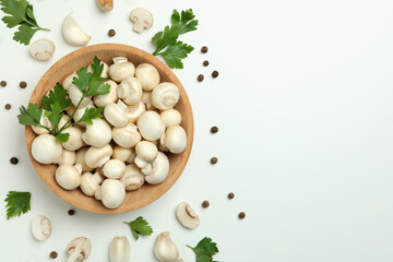 Concept of tasty food with champignon on white