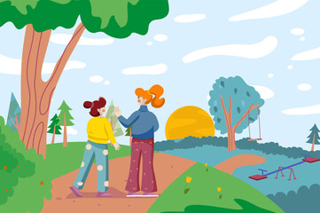 Obraz na płótnie Canvas Girls friends spend time together in landscape background. Little girls talking and walking in city park by playground. Natural scenery with green trees. Vector illustration in flat cartoon design