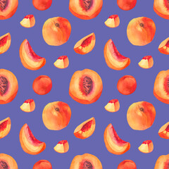 Watercolor seamless pattern with orange peaches on trending color 2022 Very Peri.Summer, botanical, textural hand drawn print.Designs for textiles,fabric,wrapping paper,packaging,social media.