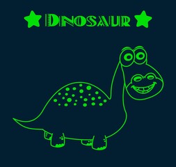 green herbivorous dinosaur with big smile and spots and stars on dark poster background