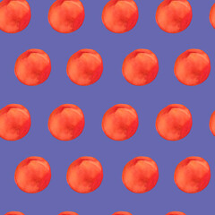 Watercolor seamless pattern with orange peaches on trending color 2022 Very Peri.Summer, botanical, textural hand drawn print.Designs for textiles,fabric,wrapping paper,packaging,social media.