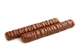 Two chocolate bars isolated on white background. Top view.