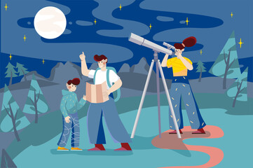 Family looks through telescope together in nature background. Mother, father and son explore night starry sky and moon in forest. Nature scenery at park. Vector illustration in flat cartoon design