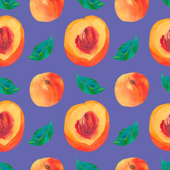 Watercolor seamless pattern with orange peaches on trending color 2022 Very Peri.Summer, botanical, textural hand drawn print.Designs for textiles,fabric,wrapping paper,packaging,social media.