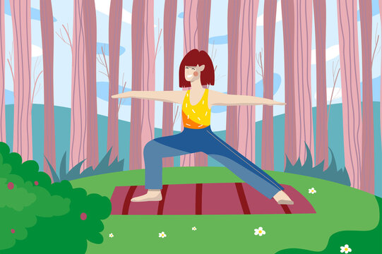 Woman doing asanas at yoga class in nature background. Young woman practising yoga poses on mat at green lawn in forest. Nature scenery at spring park. Vector illustration in flat cartoon design