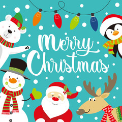 christmas card with santa claus, snowman, penguin, reindeer and polar bear