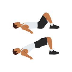 Man doing Hip raises. Butt lift. bridges exercise. Flat vector illustration isolated on white background