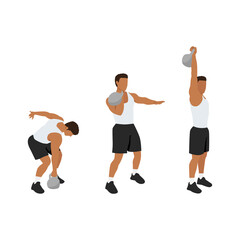Man doing Kettlebell single arm clean and press exercise. Flat vector illustration isolated on white background