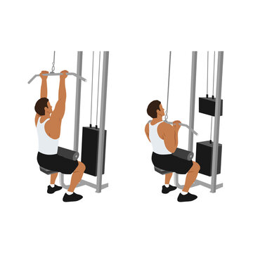 Man doing Close grip lat pulldowns flat vector illustration isolated on white background