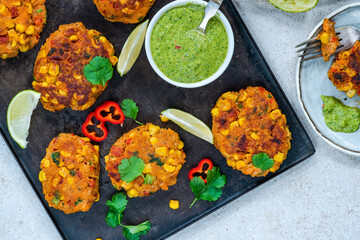Spicy sweetcorn and sweet potato cakes with the fresh herb dip