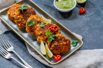 Spicy sweetcorn and sweet potato cakes with the fresh herb dip