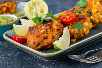 Spicy sweetcorn and sweet potato cakes with the fresh herb dip