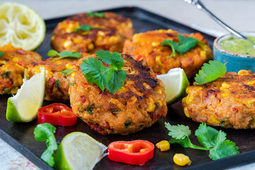 Spicy sweetcorn and sweet potato cakes with the fresh herb dip