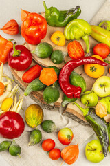 Trendy ugly organic vegetables and fruits on stone concrete background