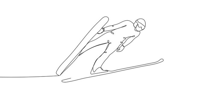 Animated continuous line drawing of  Jump skier on his flight over the land. Outdoor extreme sport. Winter season sport