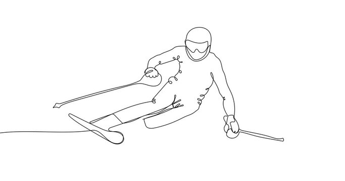 Animated continuous line drawing of mountain skier speeding down slope. Outdoor extreme sport. Winter season sport