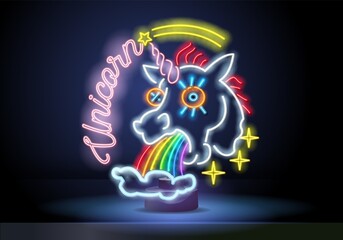 Vector realistic isolated neon retro sign of unicorn for decoration and covering on the wall background. Pink funny unicorn pukes liquid rainbow. Vector illustration.