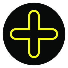 Plus icon. Math symbol. Modern design. Yellow sign in black round. Line art. Hand drawn. Vector illustration. Stock image. EPS 10.