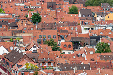 Über den rötlichen Ziegeldächern der historischen Altstadt von Heidelberg