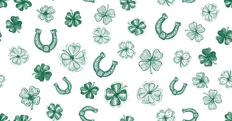 Clover, horseshoe set, St. Patrick's Day. Hand drawn illustrations. Vector.	