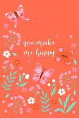 Fototapeta na wymiar Valentine's day card with butterflies and flowers. Vector graphics.