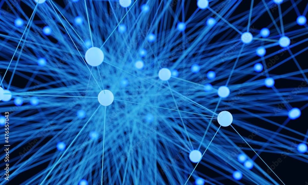 Poster abstract blue light bulb futuristic technology network node. cable data line transmission links and 
