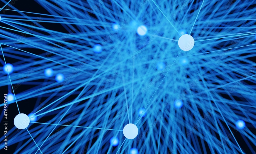 Poster abstract blue light bulb futuristic technology network node. cable data line transmission links and 