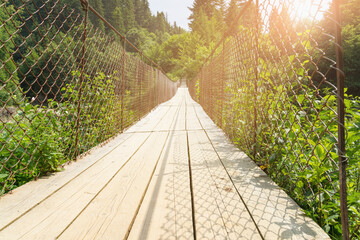 Fototapeta na wymiar Suspension bridge in the forest (concept way to the unknown)