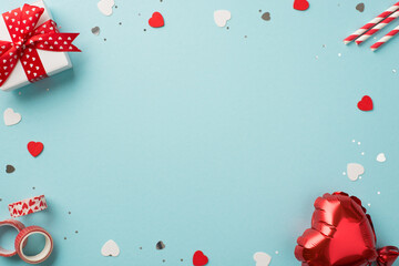 Top view photo of saint valentine's day decor giftbox straws decorative adhesive tape heart shaped...