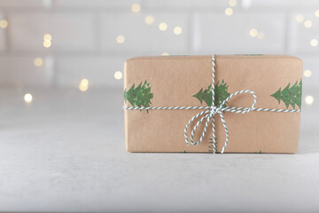 Christmas Gifts minimalism wrapping with Fir Branches on White Background top view, Winter Holidays...