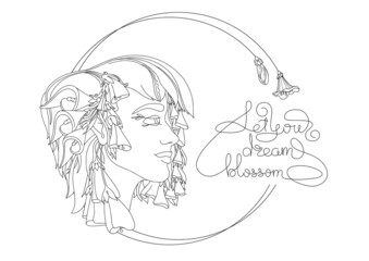 Young woman with flowers in hair. Lettering. Outline vector illustration.