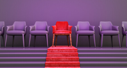 Obraz premium 3d render of red chair standing out from the crowd. Business concept.