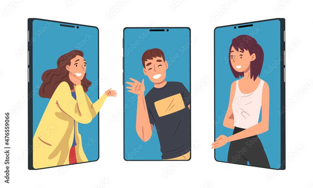 Poster smartphone screen with people character communicating with each other online via internet vector set