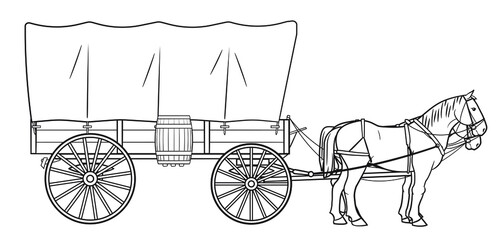 Covered wagon with two horses stock illustration. - obrazy, fototapety, plakaty