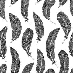 Photo sur Plexiglas Noir et blanc Décoration de plumes tribales modèle sans couture. Dessin à la main de style bohème ethnique.