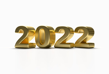 Gold 2022 new year 3d render illustration isolated on white background, Perspective View.