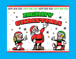 Hand-drawn Flat Design Trendy Cartoon Christmas Characters. Vintage Toons Retro Cartoon. Vector Illustration.