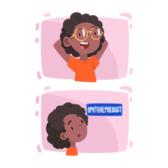 Ophthalmology Diagnostics with African American Girl Having Eyesight and Vision Checkup and Correction Vector Set