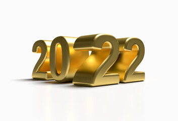 Gold 2022 new year 3d render illustration scattered and isolated on white background, Perspective View.